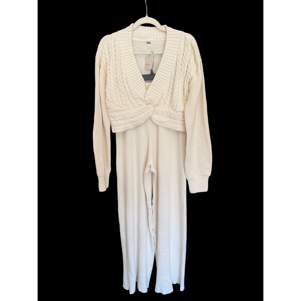 Free People Ivory Cable Knit Lounge Set XL Sweater + Ribbed Wide Leg Pants NWT - Picture 2 of 6